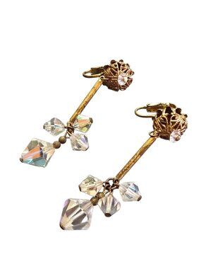 Vintage Crystal and Brass Dangling Shoulder Duster Earrings (A9307)